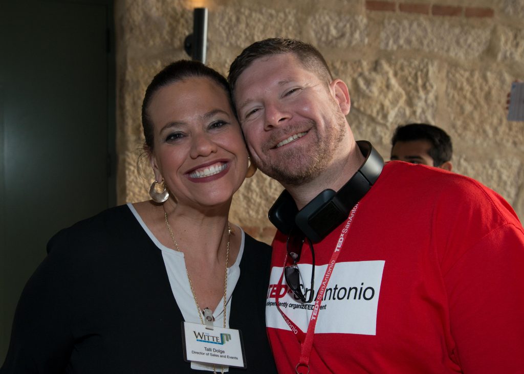 Talli Dolge, representing one of our sponsors, the Witte Museum poses with Tony Bryden, one of the TEDxSanAntonio Organizers